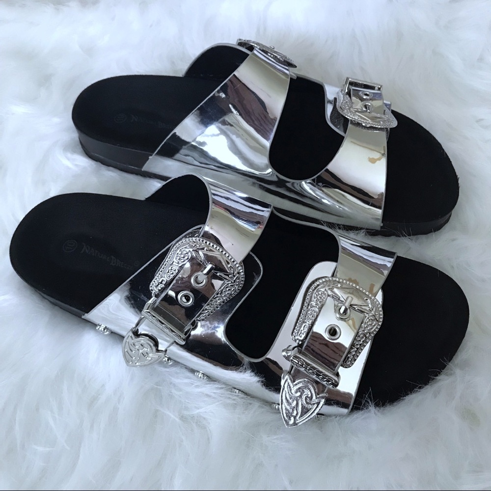 Silver buckle 2 strap sandals.